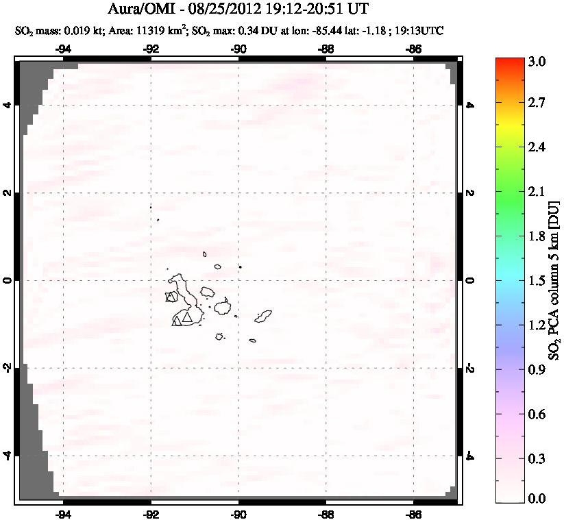 A sulfur dioxide image over Galápagos Islands on Aug 25, 2012.