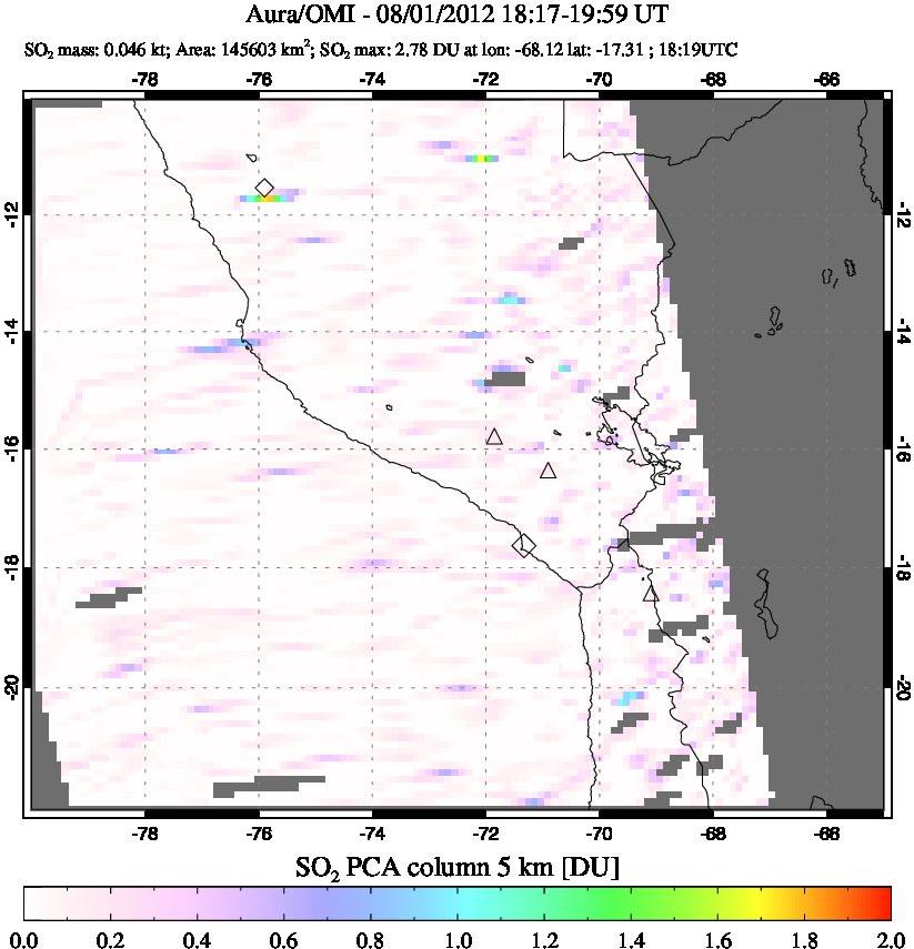 A sulfur dioxide image over Peru on Aug 01, 2012.