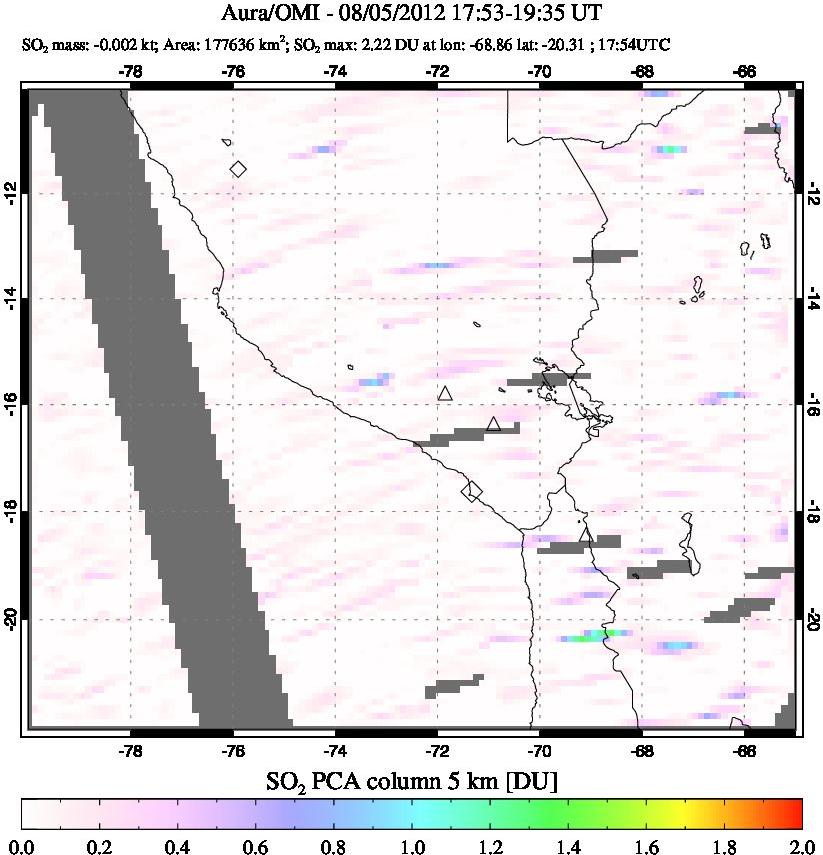 A sulfur dioxide image over Peru on Aug 05, 2012.