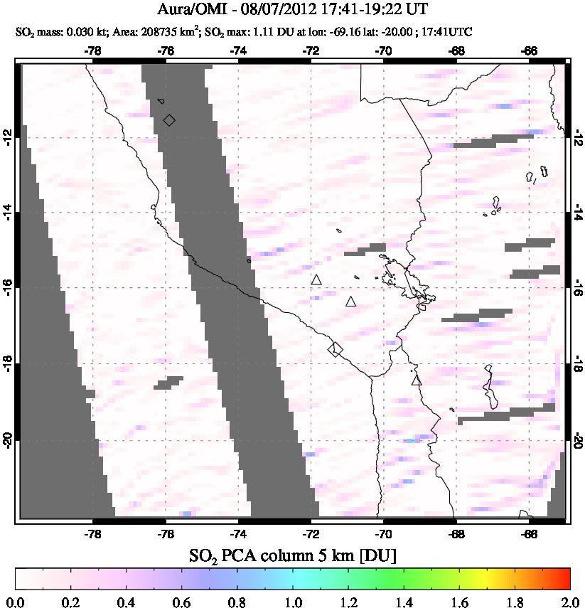 A sulfur dioxide image over Peru on Aug 07, 2012.