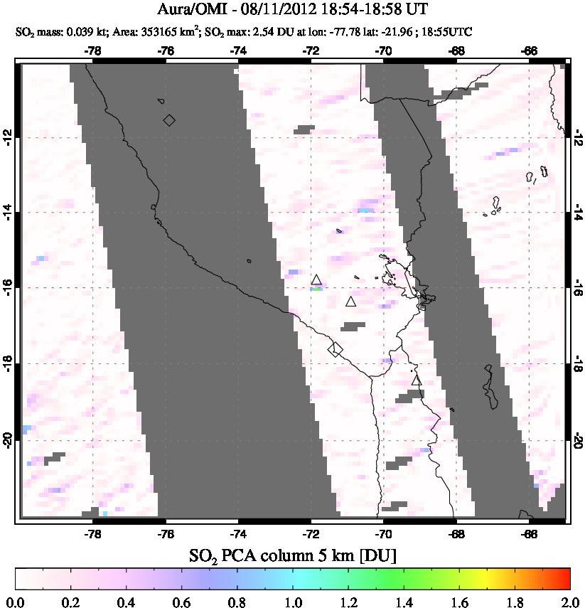A sulfur dioxide image over Peru on Aug 11, 2012.