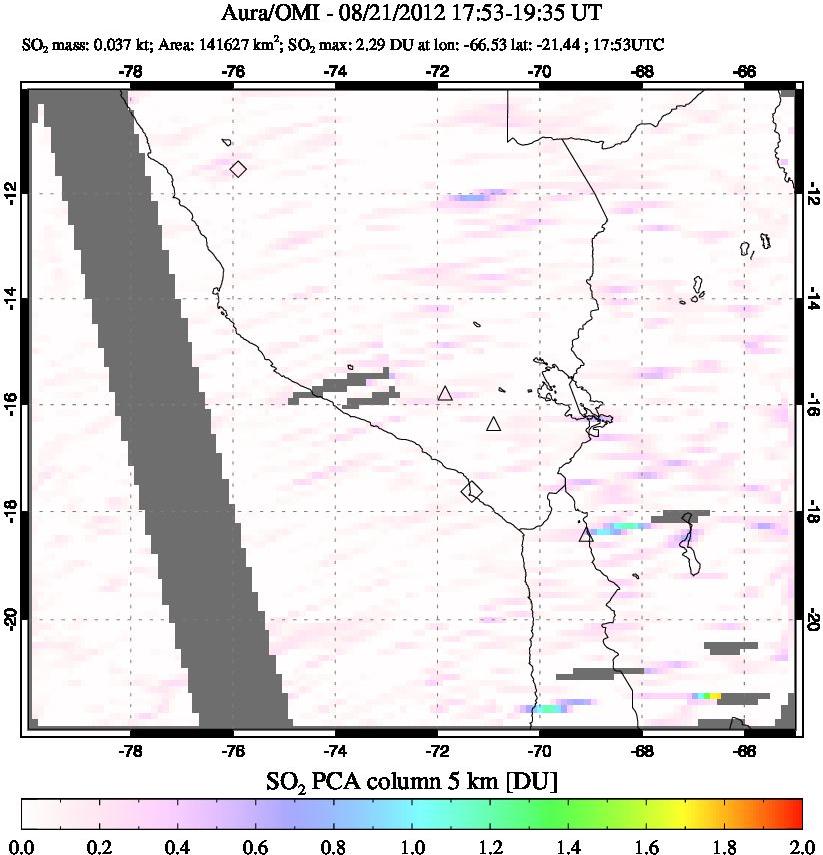 A sulfur dioxide image over Peru on Aug 21, 2012.