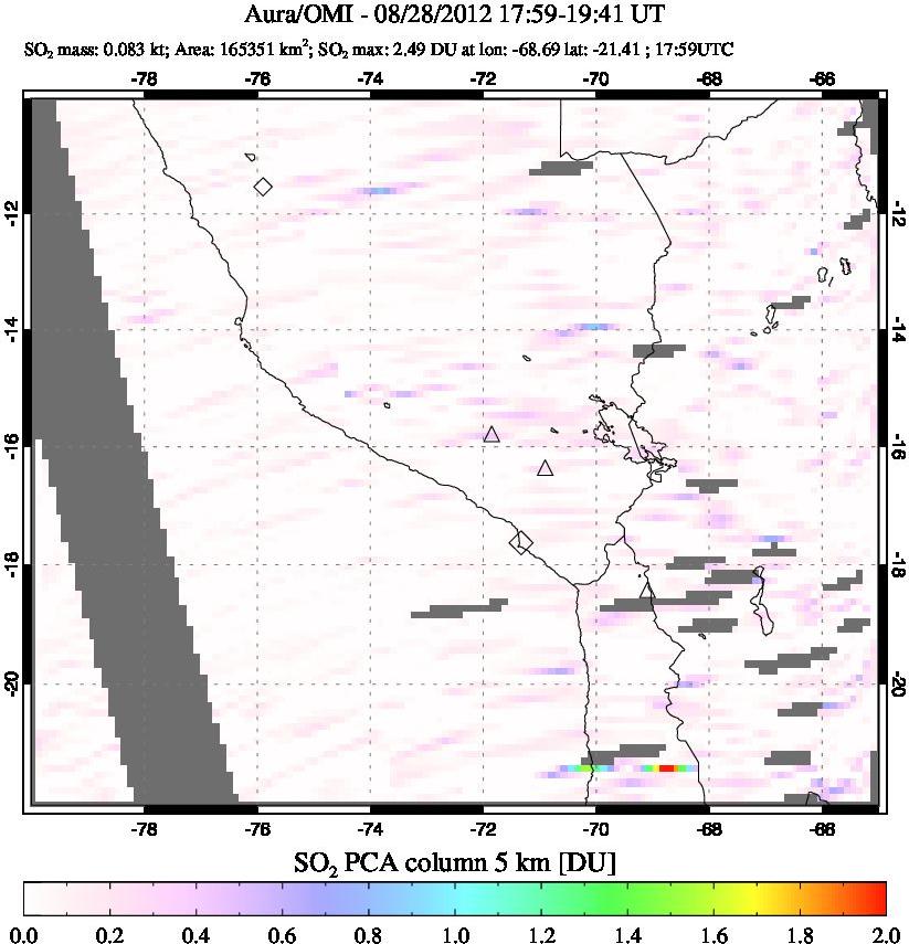 A sulfur dioxide image over Peru on Aug 28, 2012.