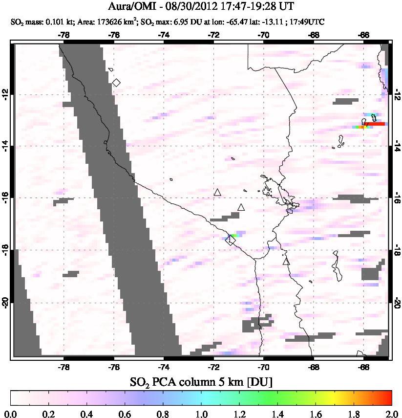 A sulfur dioxide image over Peru on Aug 30, 2012.