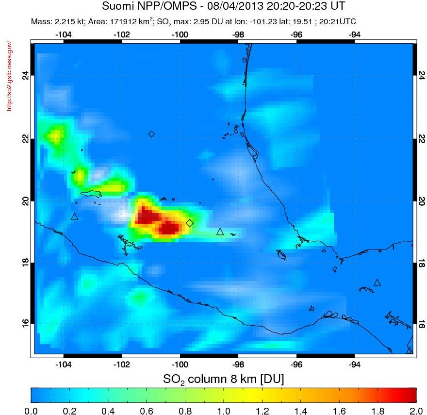 A sulfur dioxide image over Mexico on Aug 04, 2013.