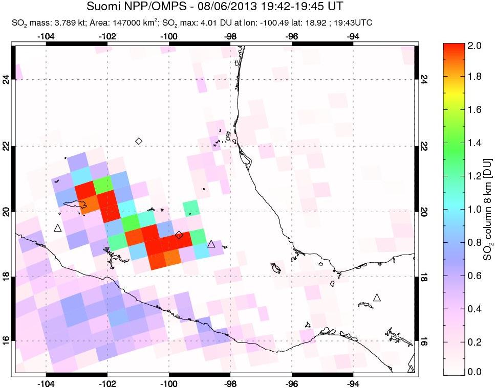 A sulfur dioxide image over Mexico on Aug 06, 2013.
