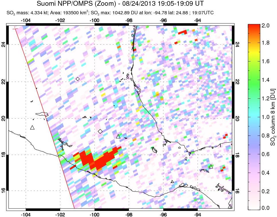 A sulfur dioxide image over Mexico on Aug 24, 2013.