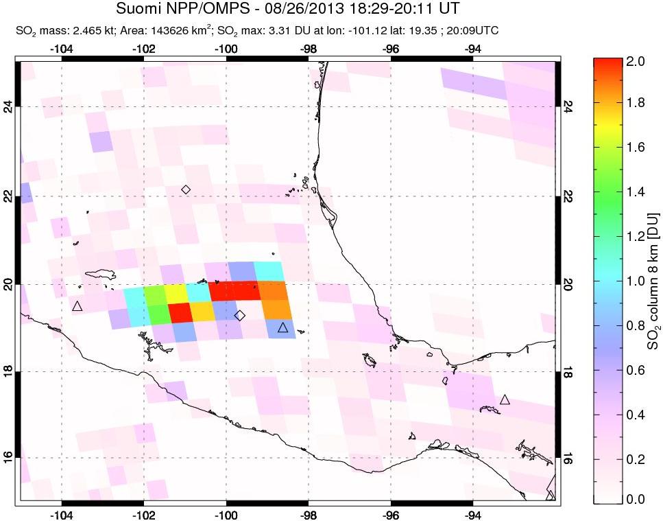 A sulfur dioxide image over Mexico on Aug 26, 2013.