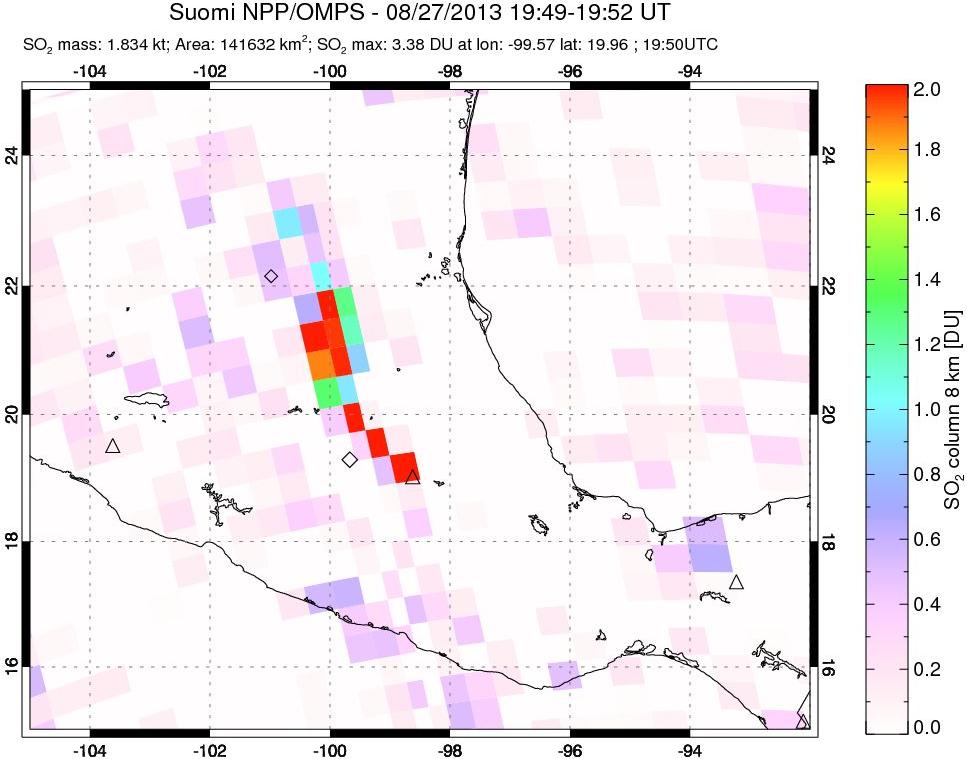 A sulfur dioxide image over Mexico on Aug 27, 2013.