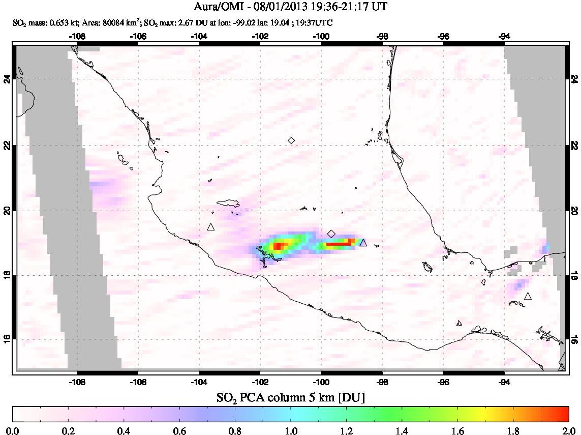 A sulfur dioxide image over Mexico on Aug 01, 2013.