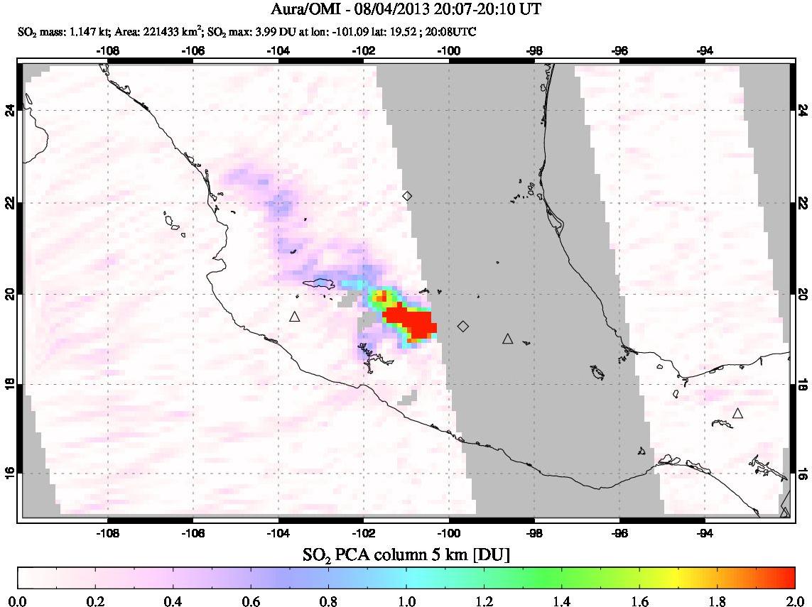A sulfur dioxide image over Mexico on Aug 04, 2013.