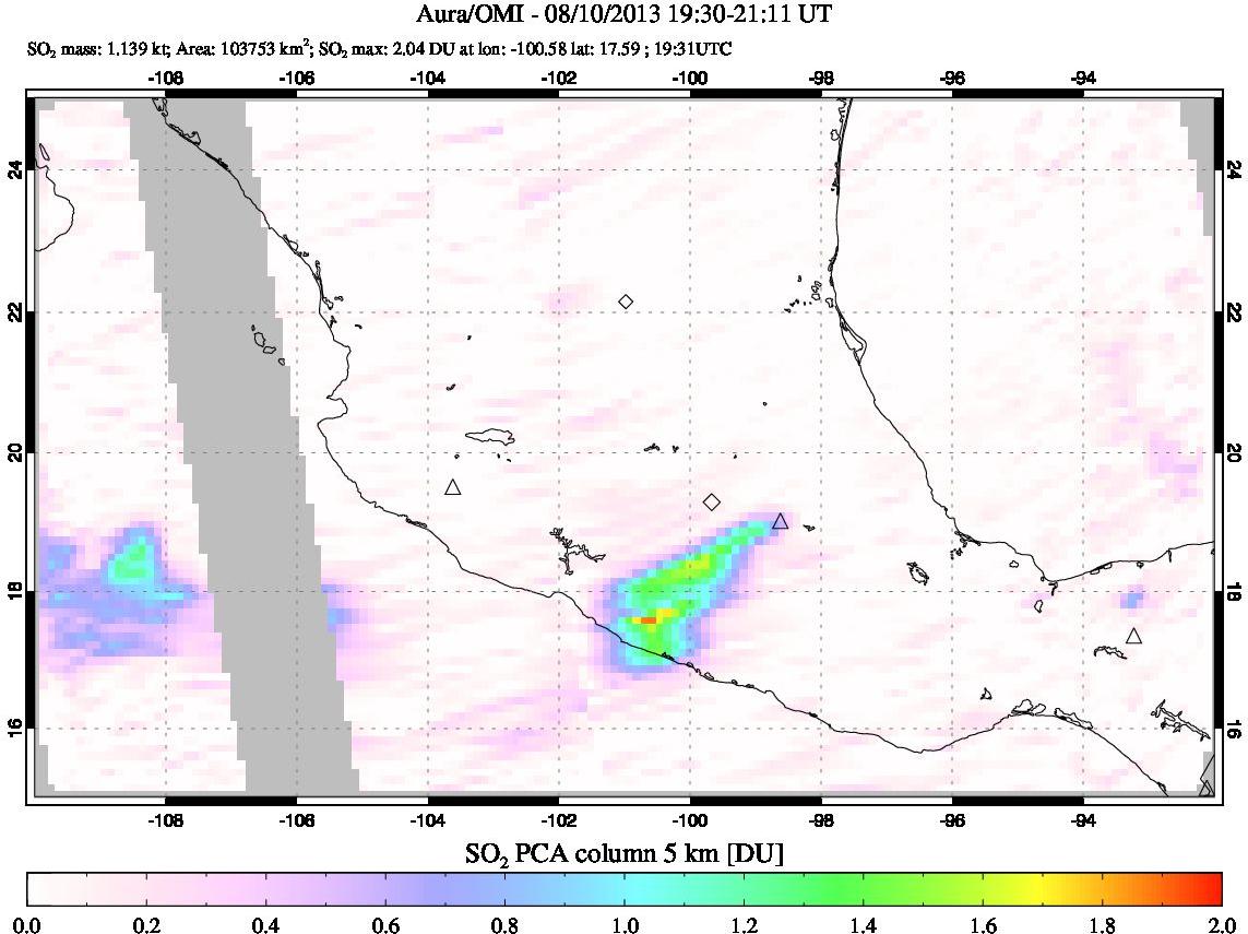 A sulfur dioxide image over Mexico on Aug 10, 2013.