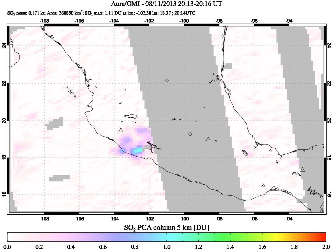 A sulfur dioxide image over Mexico on Aug 11, 2013.