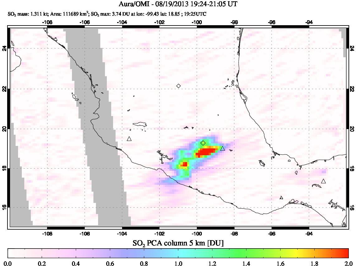A sulfur dioxide image over Mexico on Aug 19, 2013.