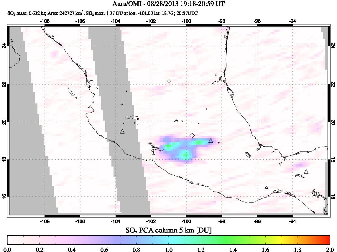 A sulfur dioxide image over Mexico on Aug 28, 2013.