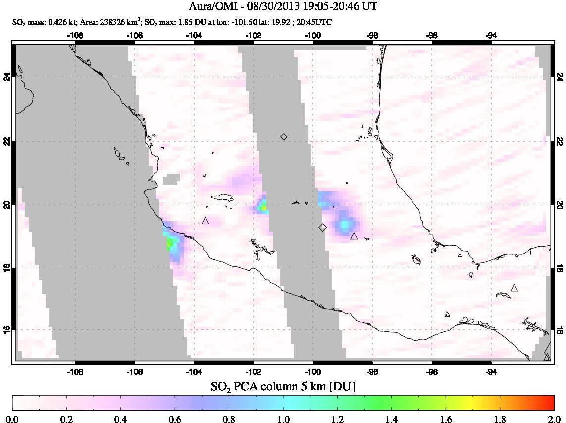 A sulfur dioxide image over Mexico on Aug 30, 2013.