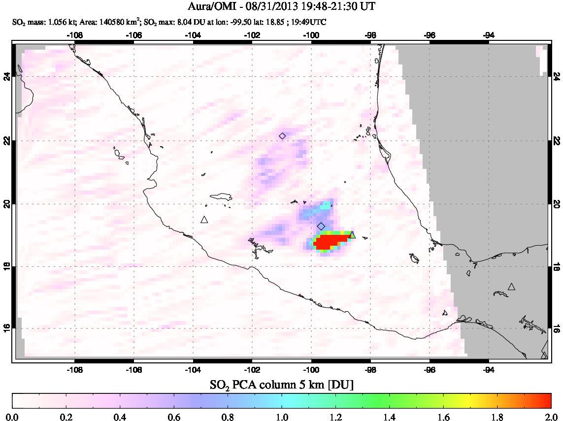 A sulfur dioxide image over Mexico on Aug 31, 2013.