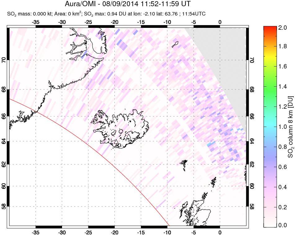 A sulfur dioxide image over Iceland on Aug 09, 2014.