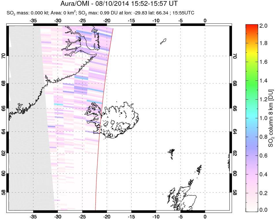 A sulfur dioxide image over Iceland on Aug 10, 2014.