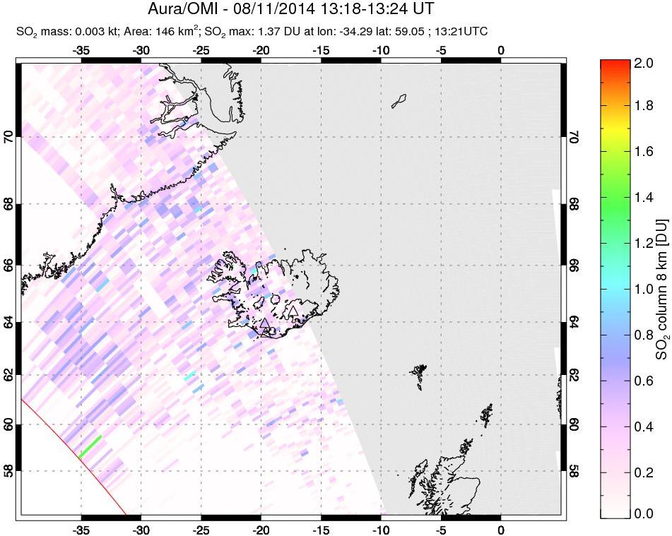 A sulfur dioxide image over Iceland on Aug 11, 2014.