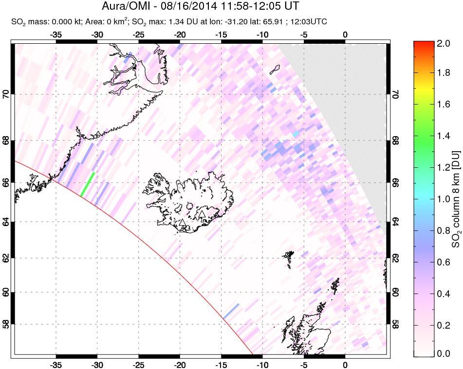A sulfur dioxide image over Iceland on Aug 16, 2014.