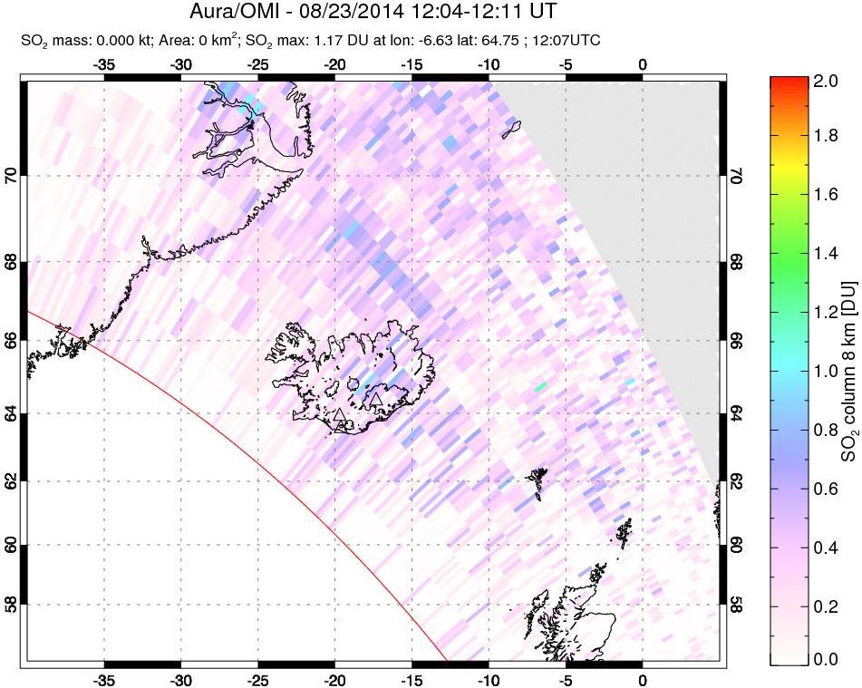 A sulfur dioxide image over Iceland on Aug 23, 2014.