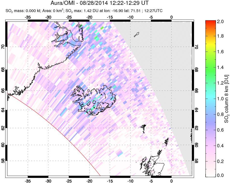 A sulfur dioxide image over Iceland on Aug 28, 2014.
