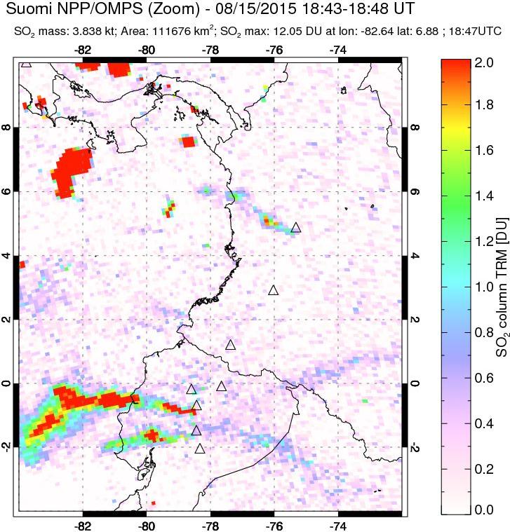 A sulfur dioxide image over Ecuador on Aug 15, 2015.
