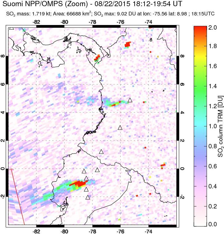 A sulfur dioxide image over Ecuador on Aug 22, 2015.