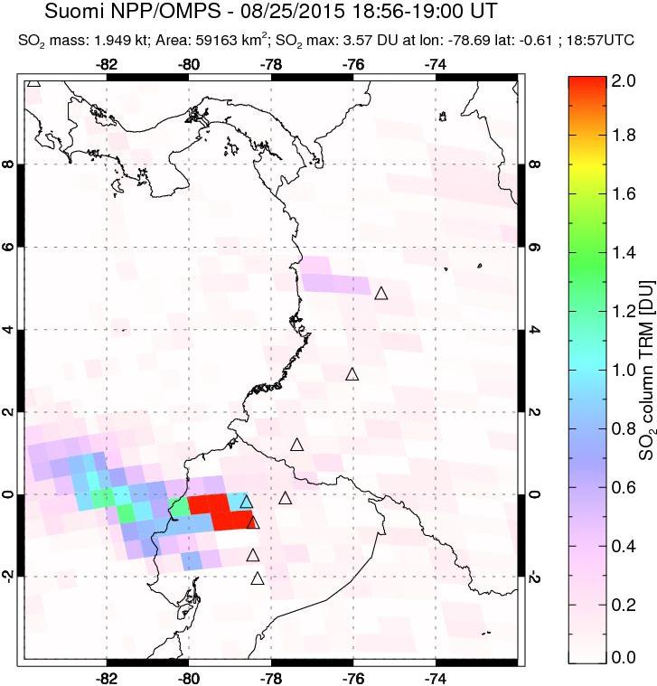 A sulfur dioxide image over Ecuador on Aug 25, 2015.