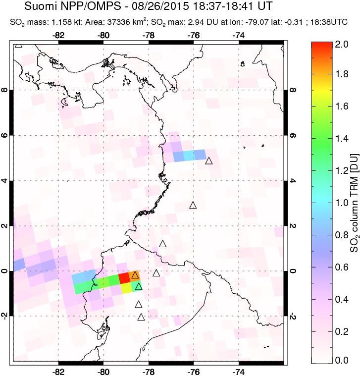 A sulfur dioxide image over Ecuador on Aug 26, 2015.