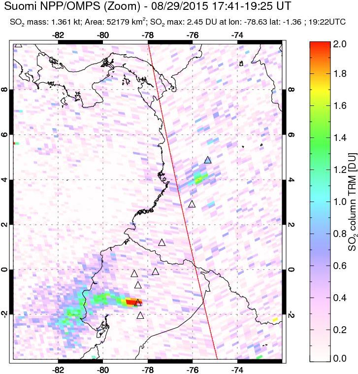 A sulfur dioxide image over Ecuador on Aug 29, 2015.