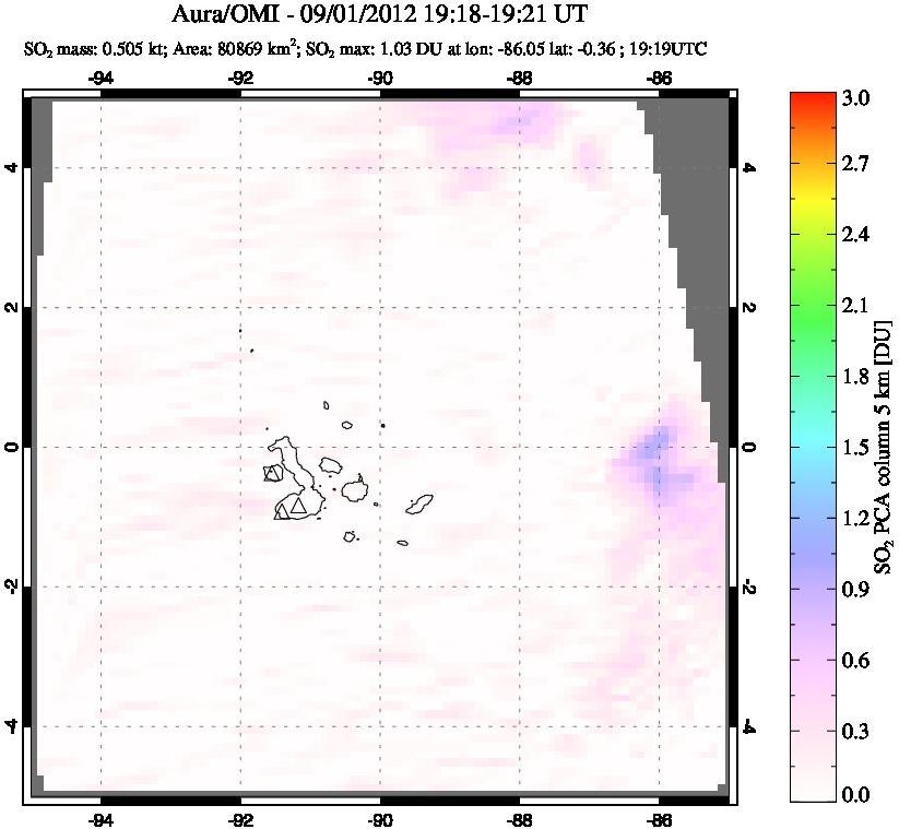 A sulfur dioxide image over Galápagos Islands on Sep 01, 2012.