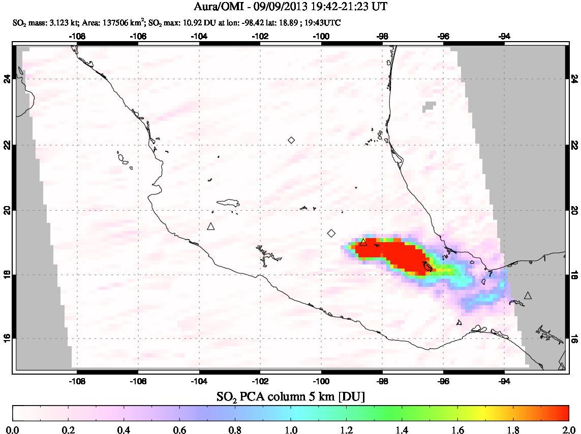 A sulfur dioxide image over Mexico on Sep 09, 2013.