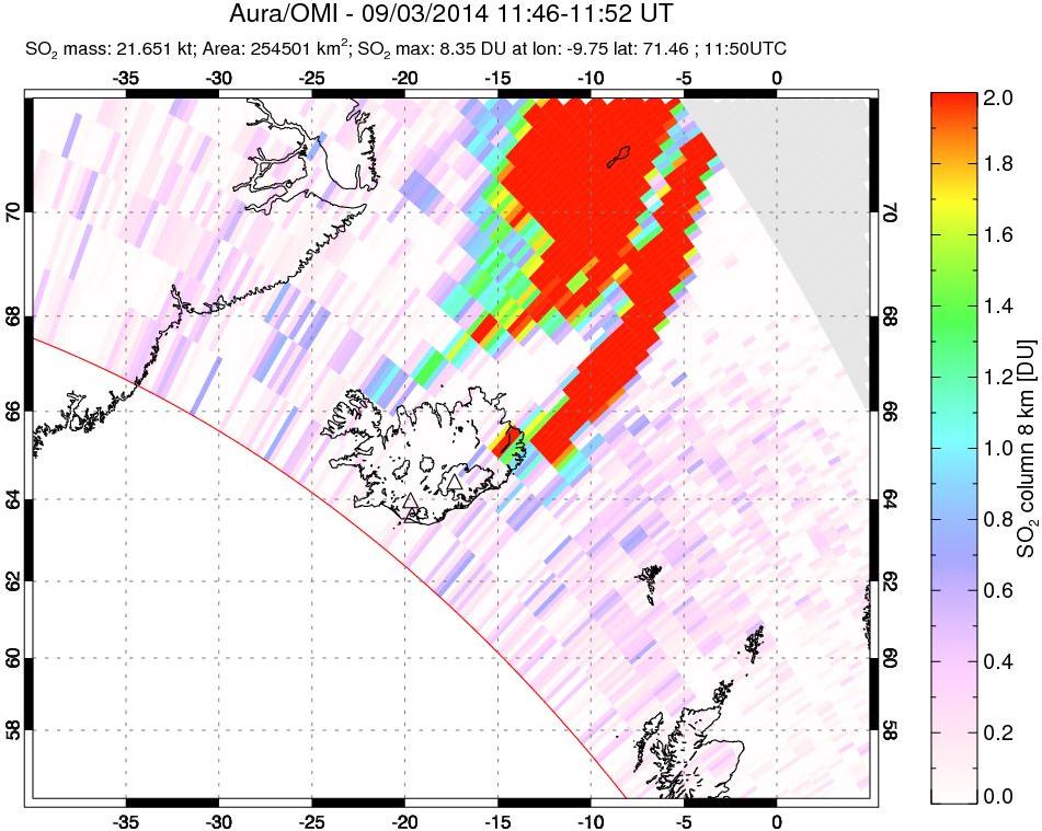 A sulfur dioxide image over Iceland on Sep 03, 2014.