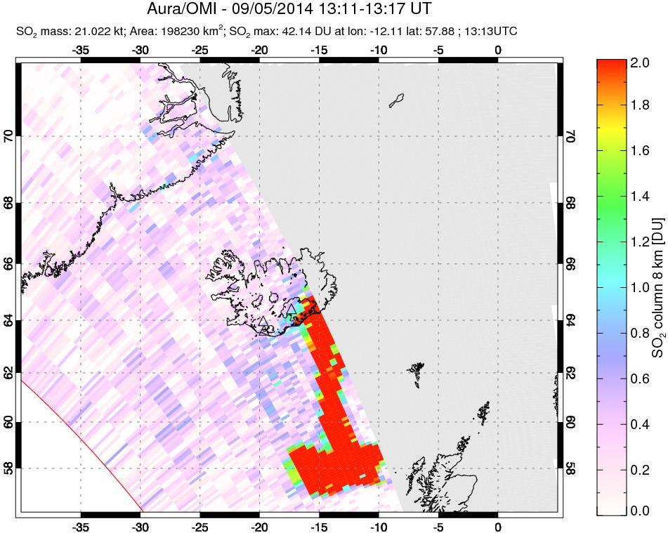 A sulfur dioxide image over Iceland on Sep 05, 2014.
