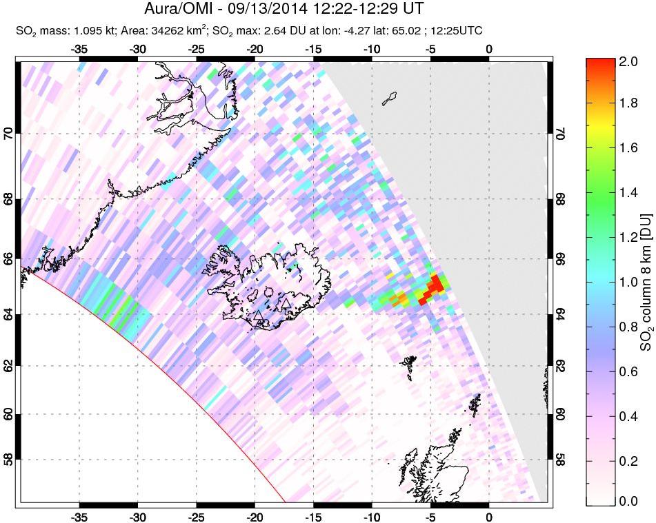 A sulfur dioxide image over Iceland on Sep 13, 2014.