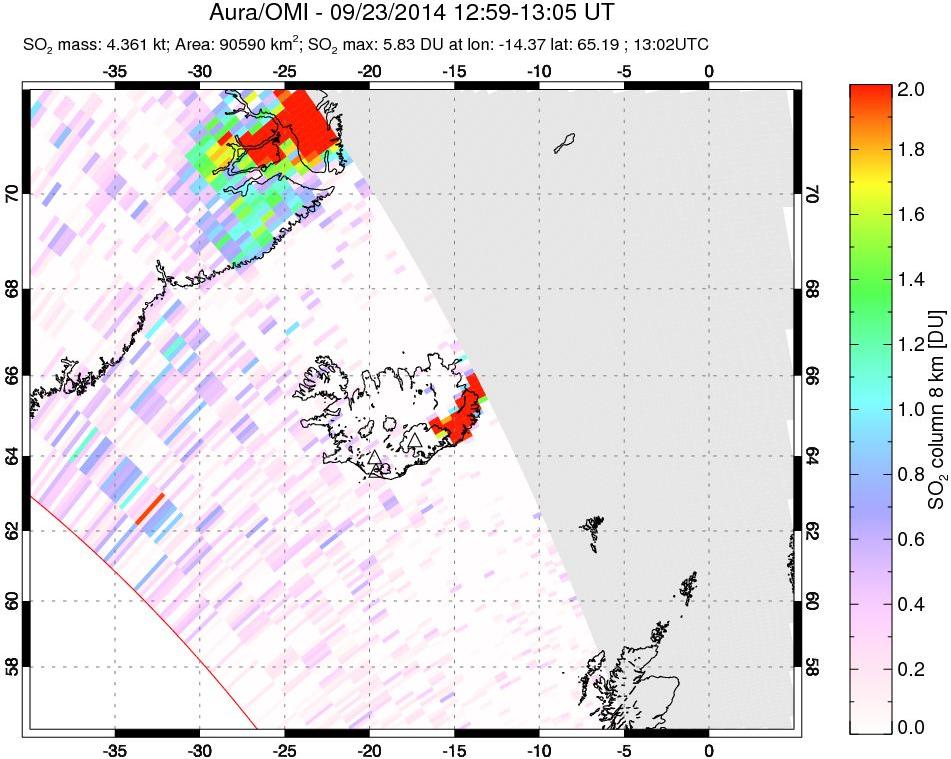 A sulfur dioxide image over Iceland on Sep 23, 2014.