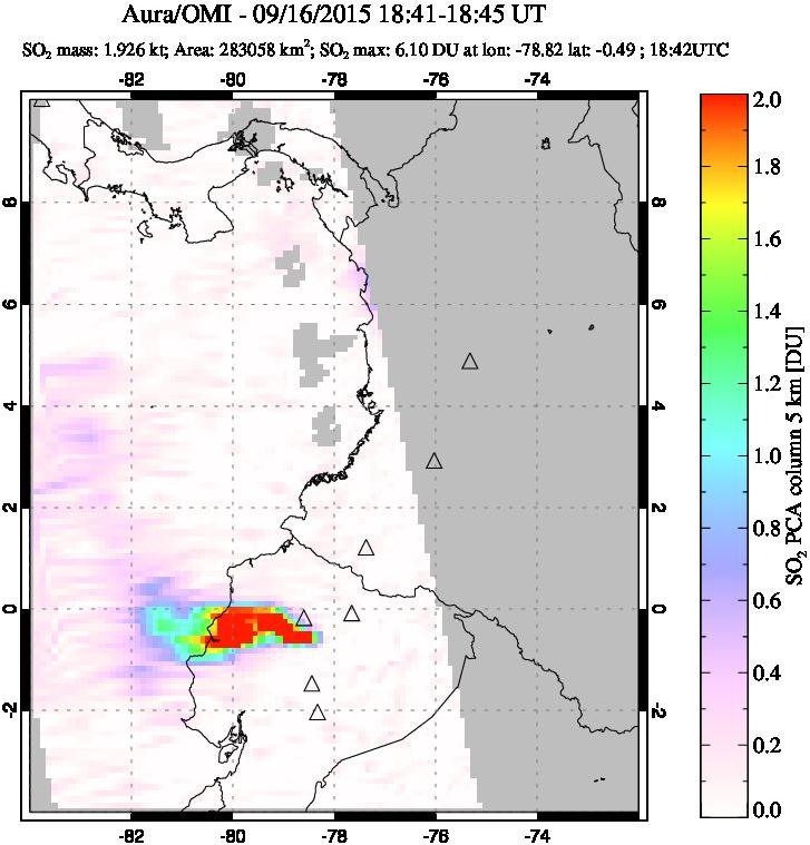 A sulfur dioxide image over Ecuador on Sep 16, 2015.