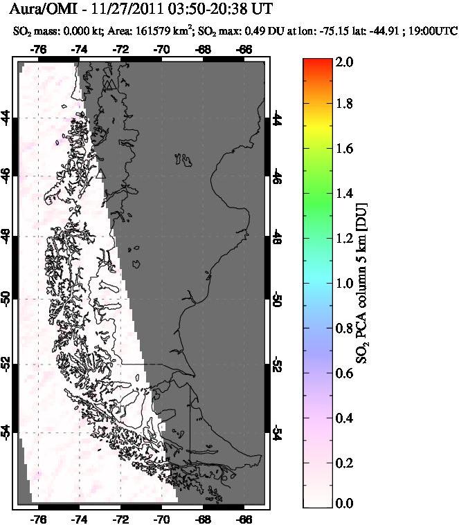 A sulfur dioxide image over Southern Chile on Nov 27, 2011.