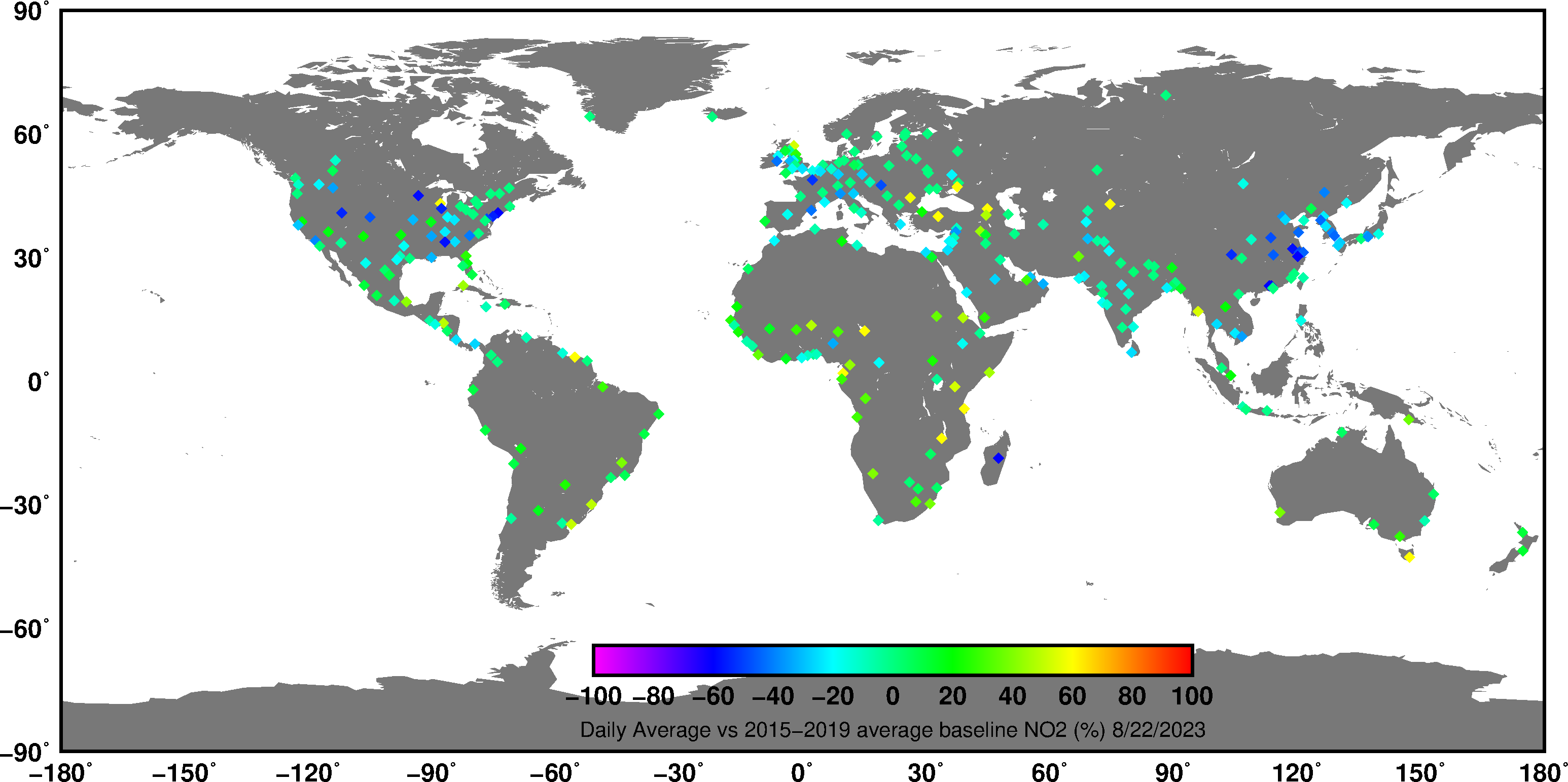 Clickable map of the world for nitrogen dioxide concentrations