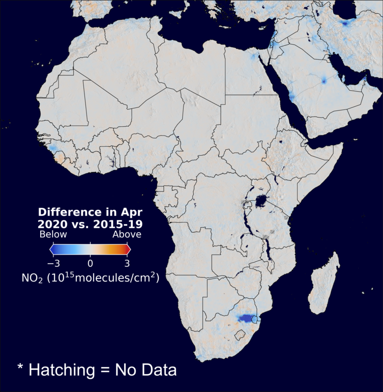 The average minus the baseline nitrogen dioxide image over Africa for April 2020.