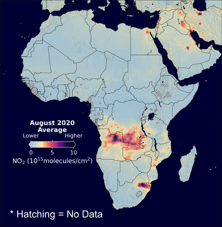 An average nitrogen dioxide image over Africa for August 2020.