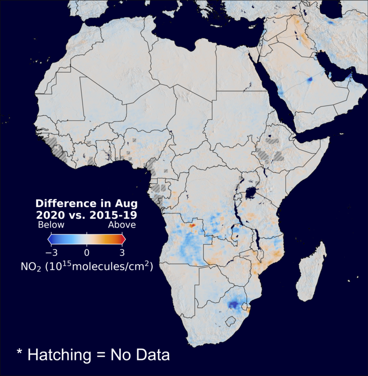 The average minus the baseline nitrogen dioxide image over Africa for August 2020.