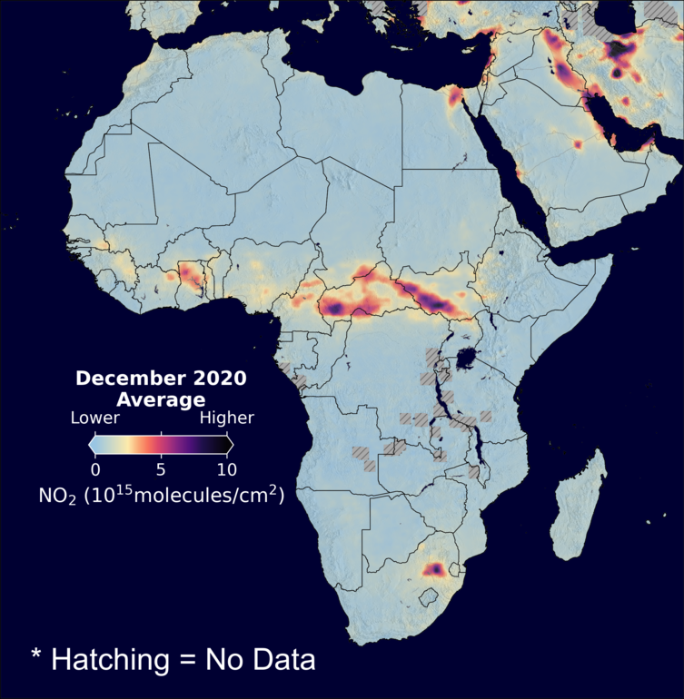 An average nitrogen dioxide image over Africa for December 2020.