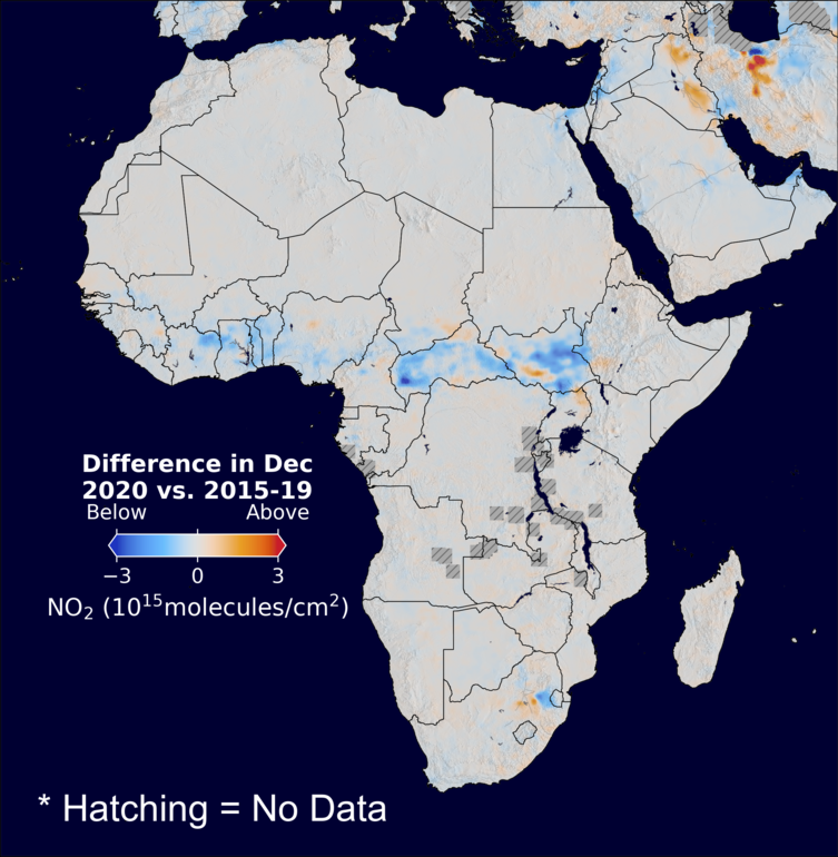 The average minus the baseline nitrogen dioxide image over Africa for December 2020.
