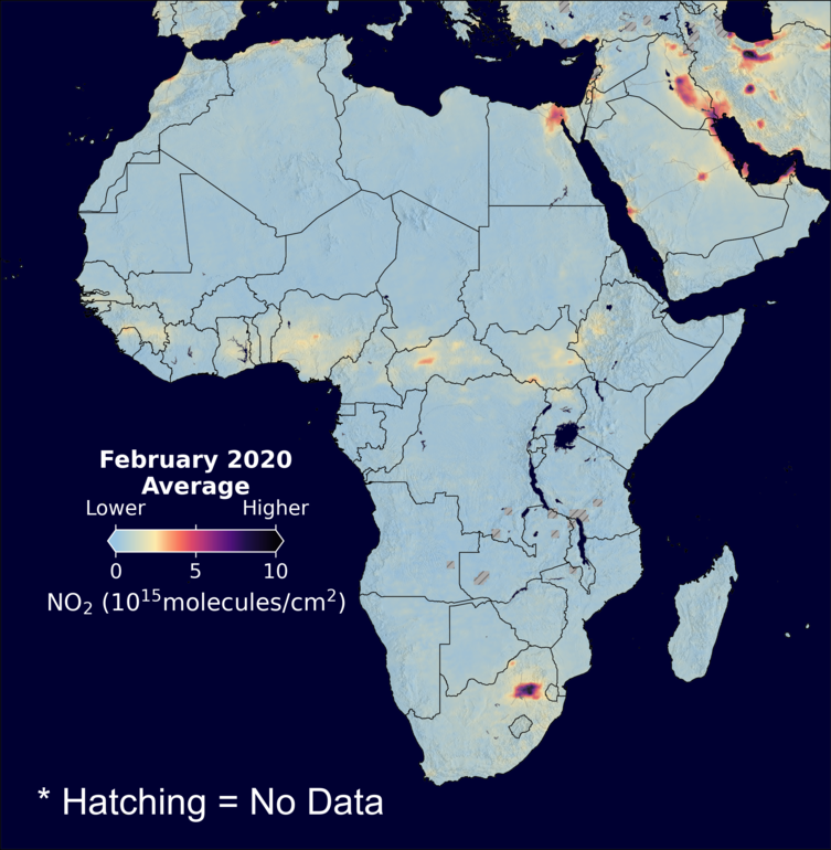 An average nitrogen dioxide image over Africa for February 2020.
