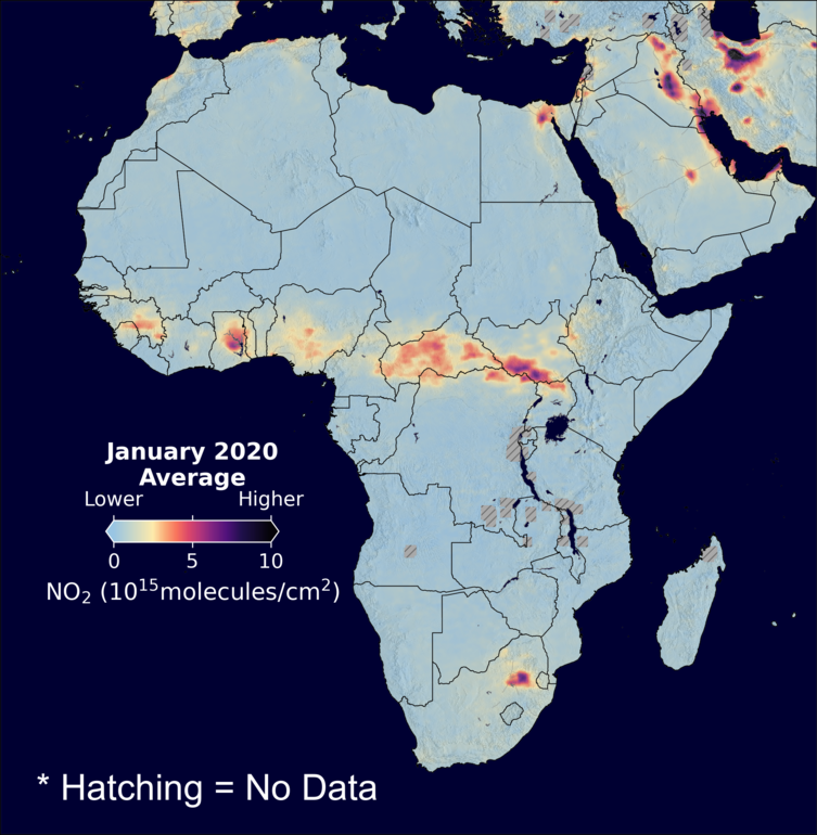 An average nitrogen dioxide image over Africa for January 2020.