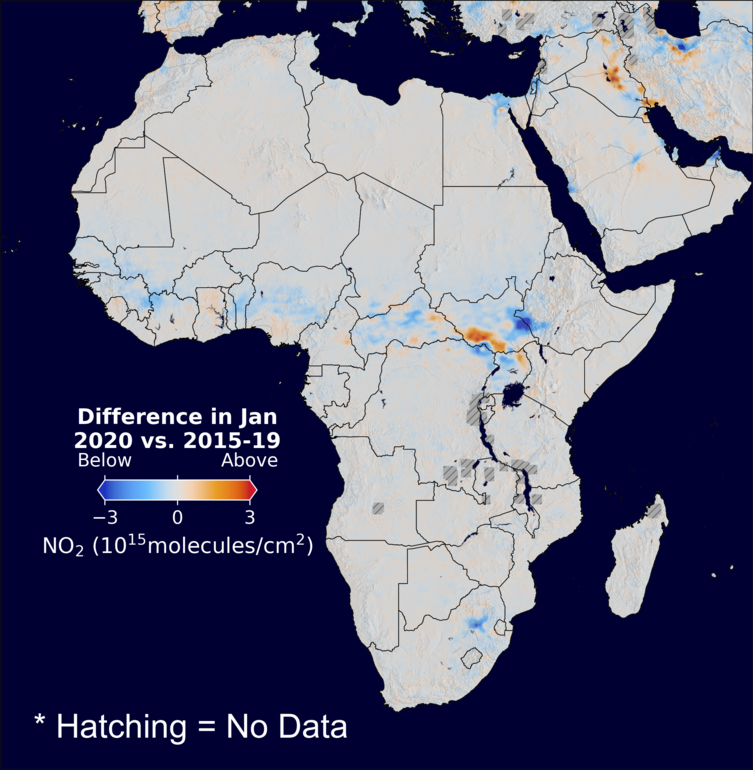 The average minus the baseline nitrogen dioxide image over Africa for January 2020.