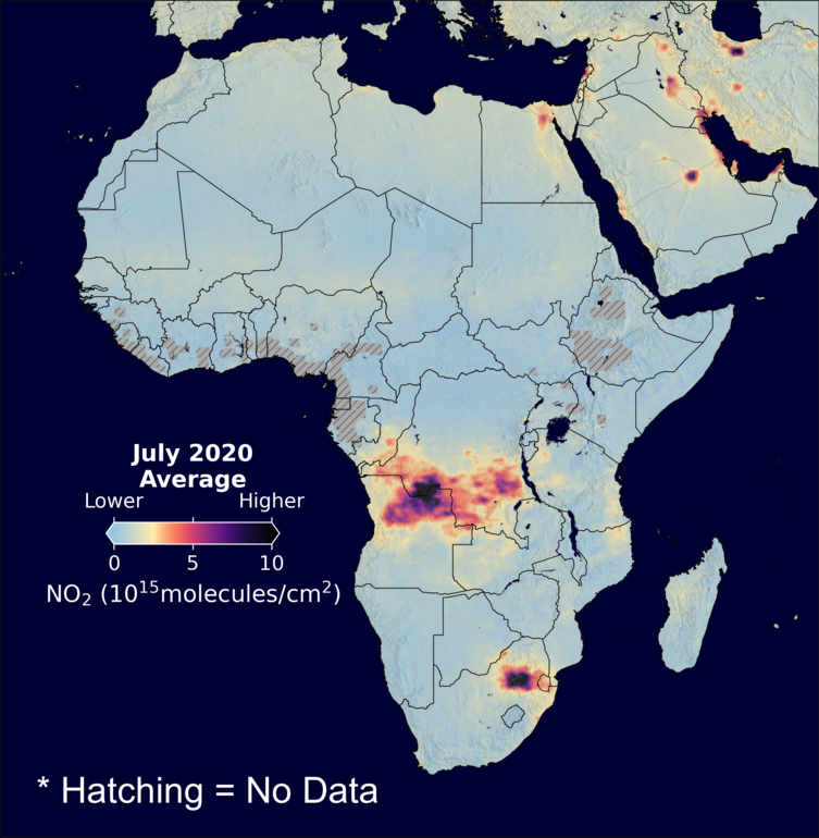 An average nitrogen dioxide image over Africa for July 2020.